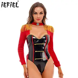 Women's Adult Circus Ringmaster Lion Tamer Showman Costume Majorette Tassel Shoulder Board Catsuit Halloween Outfit Clubwear