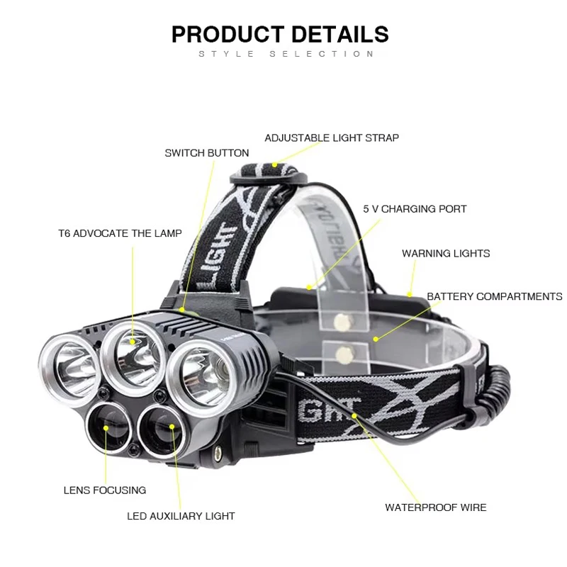 Linterna frontal de 5 LED recargable, 6 modos, lámpara de acampada al aire libre para pesca y senderismo