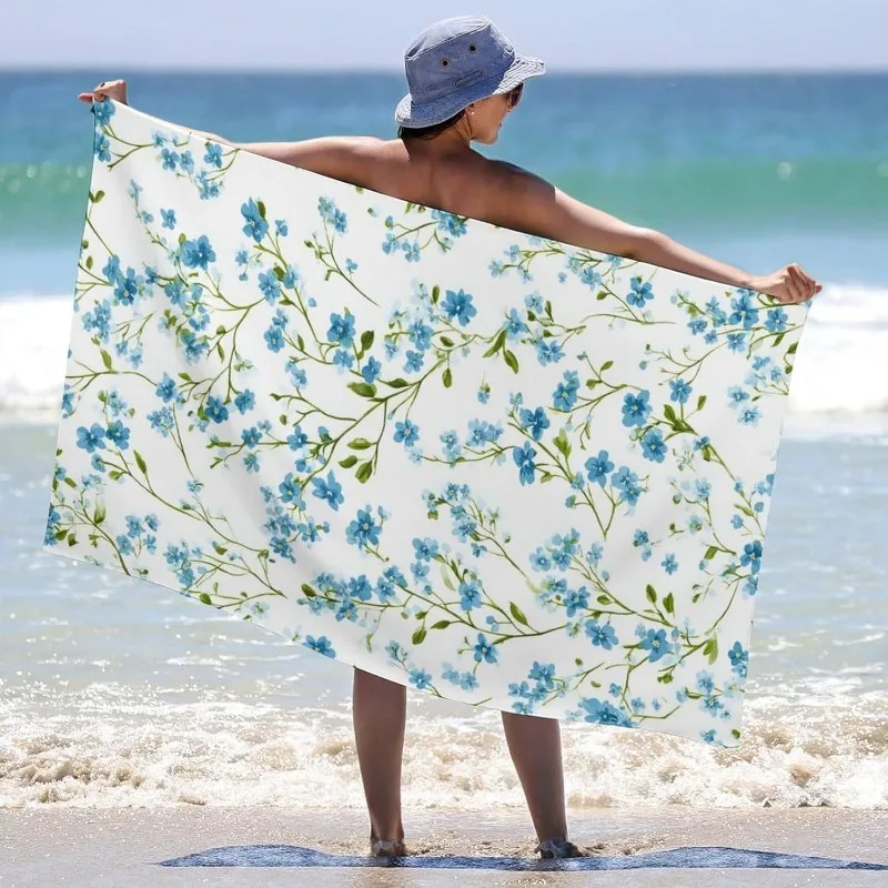 Watercolor Blue Forget-Me-Not Floral Beach Towel Soft Absorbent Quick Dry Swim Towel Large Beach Blanket for Summer Vacation