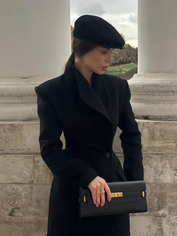 معطف صوفي نسائي أنيق أسود بزر واحد وياقة ثابتة معاطف طويلة ضيقة للسيدات لخريف وشتاء 2025 ملابس خروج نسائية أنيقة جديدة