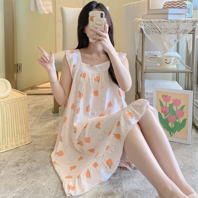 Sleep Shirts For Women Square Neck Sleeveless Nightwear Vest Dress Thin Printed Summer Nightgowns Loose Women\'s Nightdress