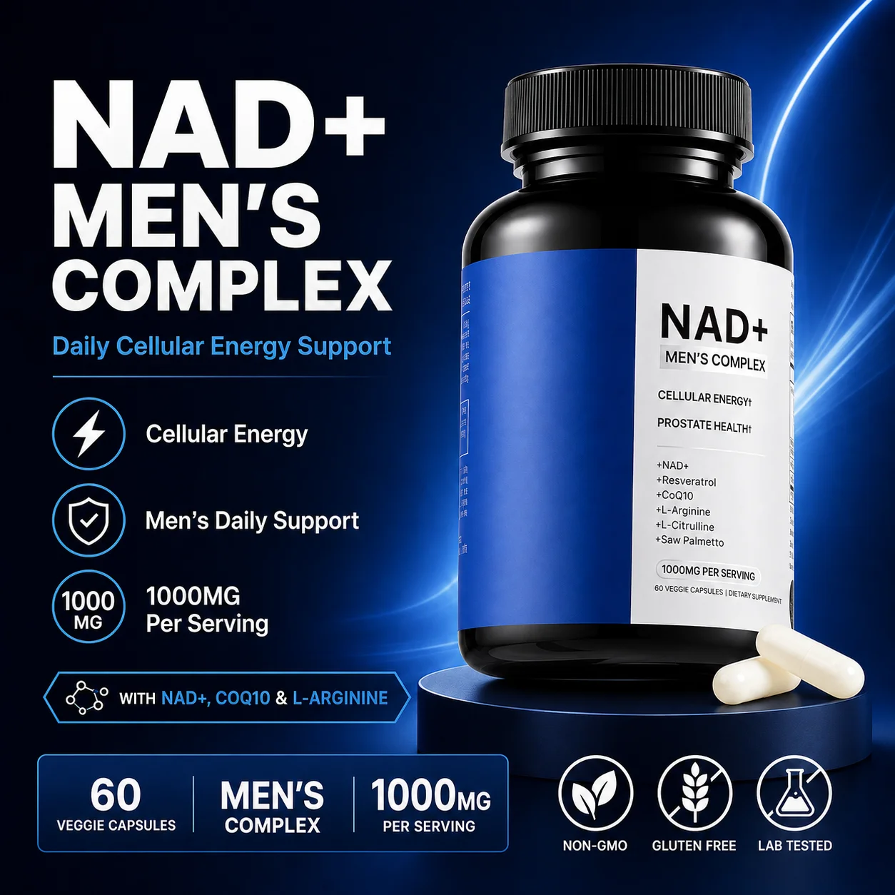 Complejo NAD+ para Hombres, 60 Cápsulas - NAD+ Liposomal, Resveratrol, CoQ10, Saw Palmetto para Energía Celular, Apoyo Prostático y Hormonal