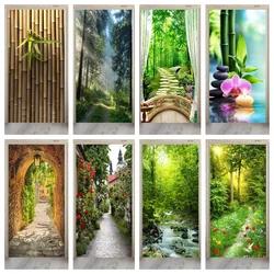Green Forest Door Stickers Natural Atmosphere Poster Vinyl PVC Waterproof Self-adhesive Mural Natural Plant Door Stickers