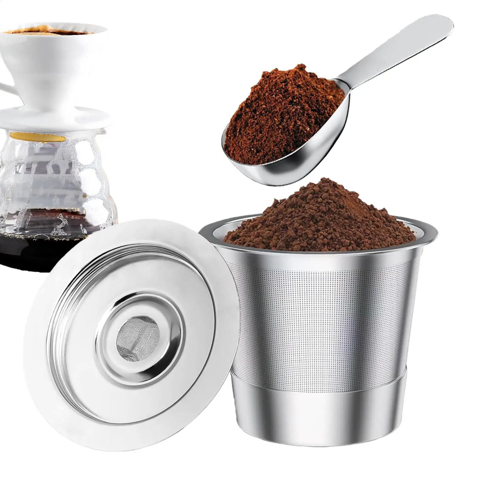 

Reusable Coffee Filters Stainless Steel Filtering Accessories Coffee Pod Strainer Cup with 30ml Measuring Spoon for Home