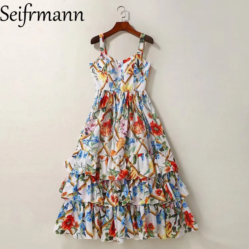 

Seifrmann 2025 Summer New Arrivals European and American runway print temperament slim fit mid length dress Colored sleeveless