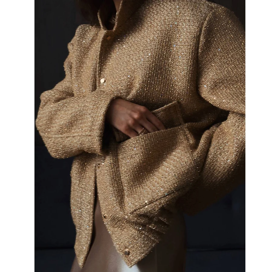 2025 Women Spring Vintage Sequins Jacket Coat Fashion Women Stand Collar Loose Style Jacket Femme Streetwear Tops Clothes