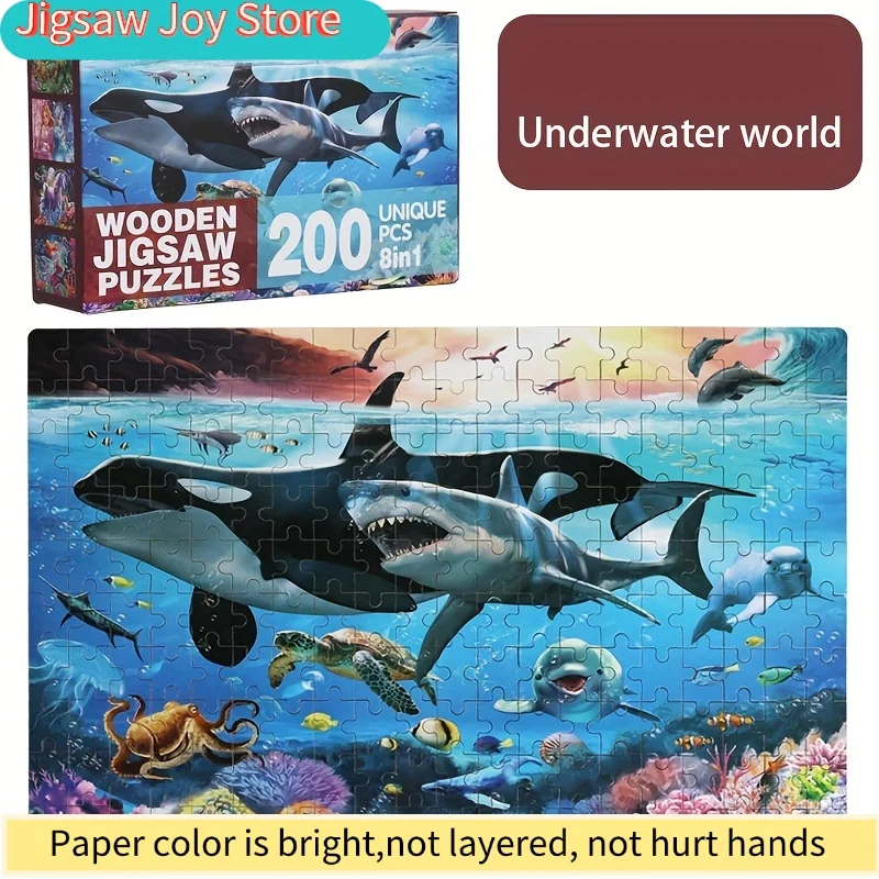 200pcs Jigsaw Puzzle for Children Ages 4-8 - Grinning Shark Ocean Creature - Puzzle Game for Kids Ages 3-5, Colorful Underwate