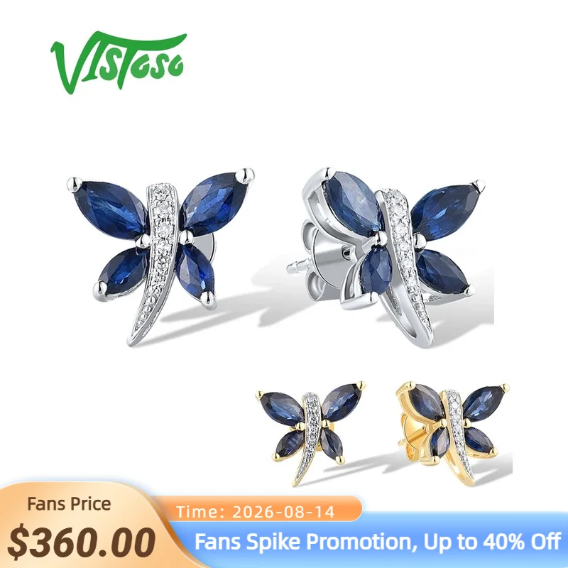 VISTOSO Real 14K 585 White Rose Gold Earrings For Women Sparkling Diamonds Blue Sapphire Wedding Anniversary Chic Fine Jewelry