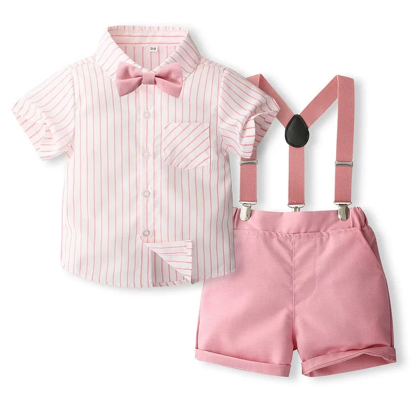 

4Piece Summer Clothes Toddler Boy Outfits Korean Fashion Gentleman Tie Stripe Short Sleeve Tops+Shorts Luxury Kids Clothing B424
