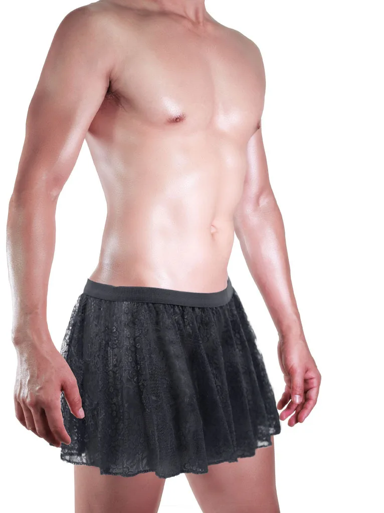 Men\'s Sexy Sissy Underwear Low Waist Lace Large Flat Corner Skirt Boxer 1127