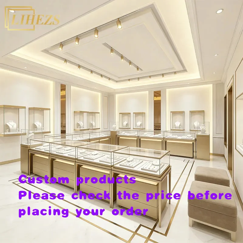 custom.L Shaped Jewelry Display Counter with LED Lighting Jewelry Vitrine Interior Ceiling Design in Jewelry Stores