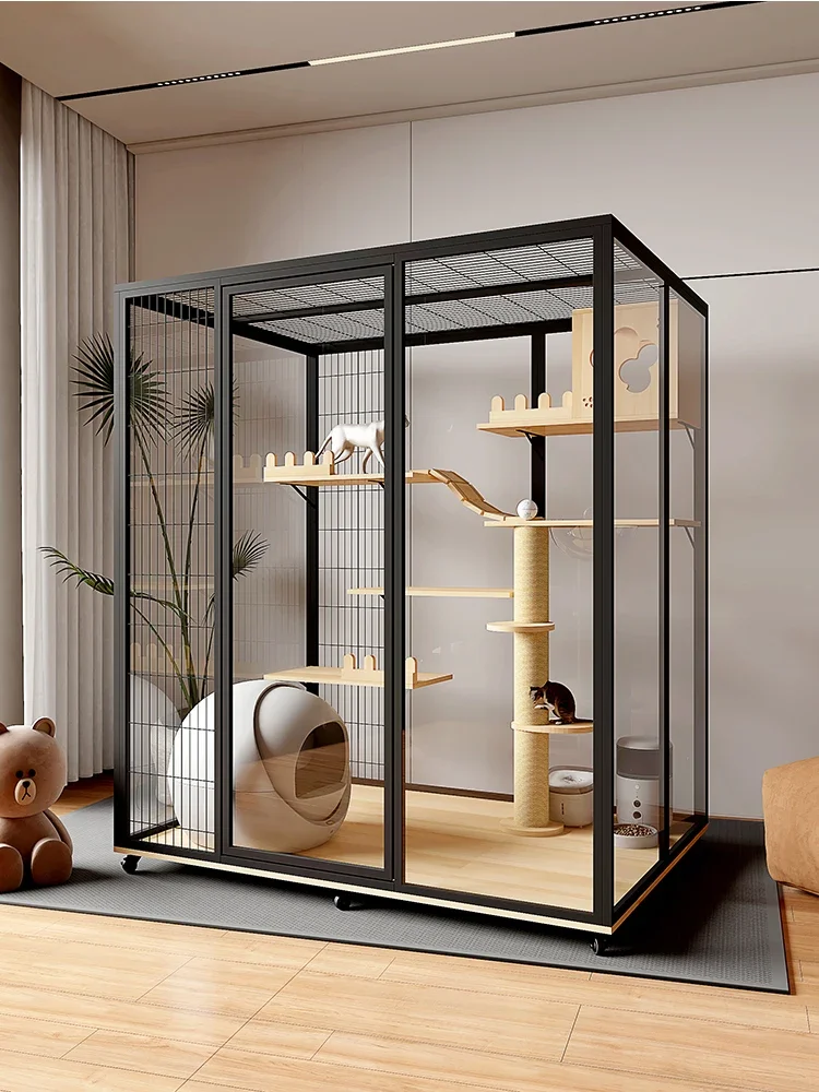 Super Large Luxury Cat Villa Home Panoramic Glass Cat Cabinet with Button Closure Steel Wood Pet Display Cage for Cats Dogs