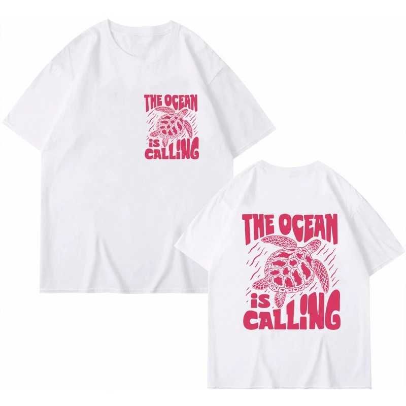 Sea Turtle The Ocean Is Calling Print T Shirt Vintage Casual Fashion Retro T Shirts Women T-shirt Round Neck Short Sleeve Shirt