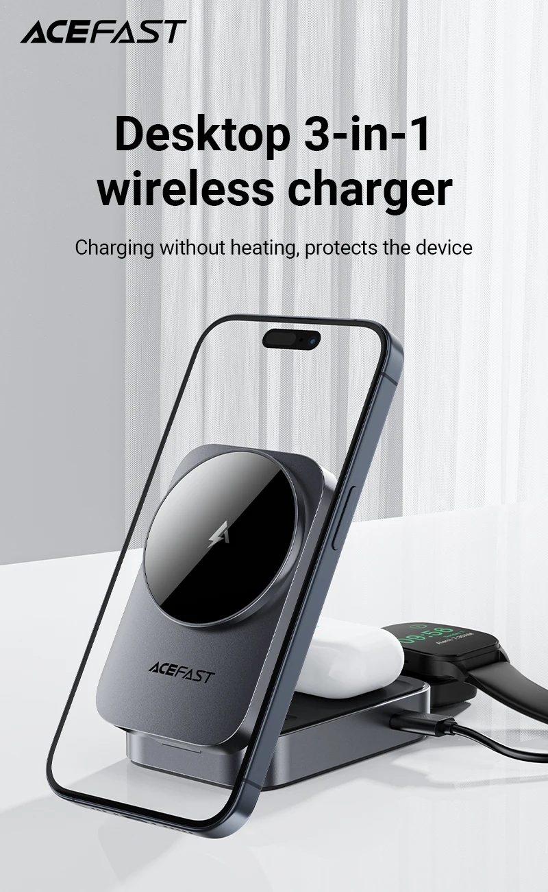ACEFAST Foldable 3in1 15W Magnetic Wireless Charging Holder For iPhone 16/15 Pro Max Desktop Charging Station For IWatch/Airpods