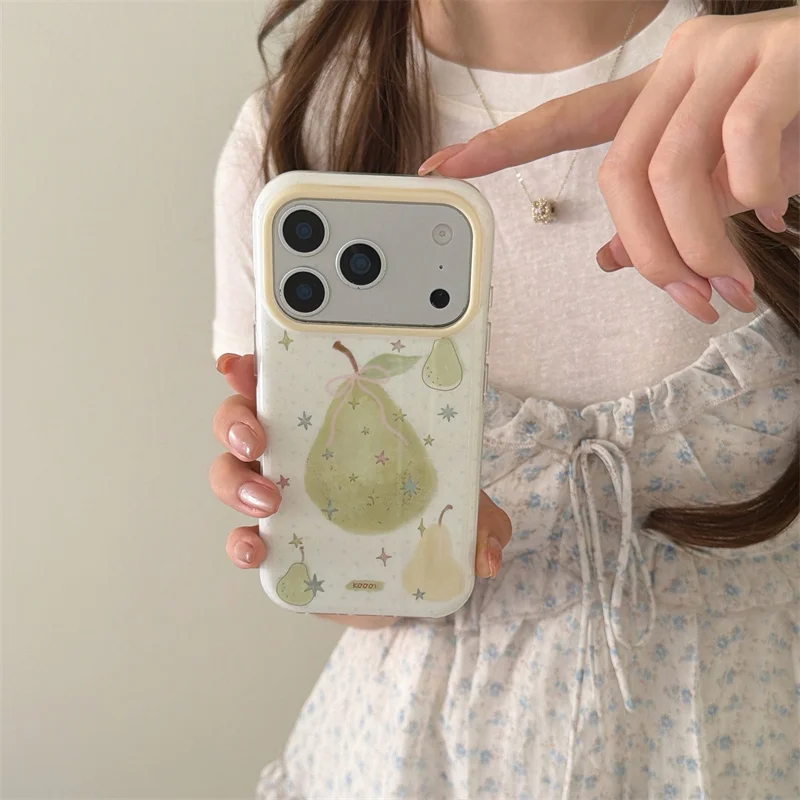 

Cute Watercolor Pear Print Phone Case for iPhone 15 16 17 Pro Max Shockproof Protective Cover Aesthetic Kawaii Beige Bumper Case