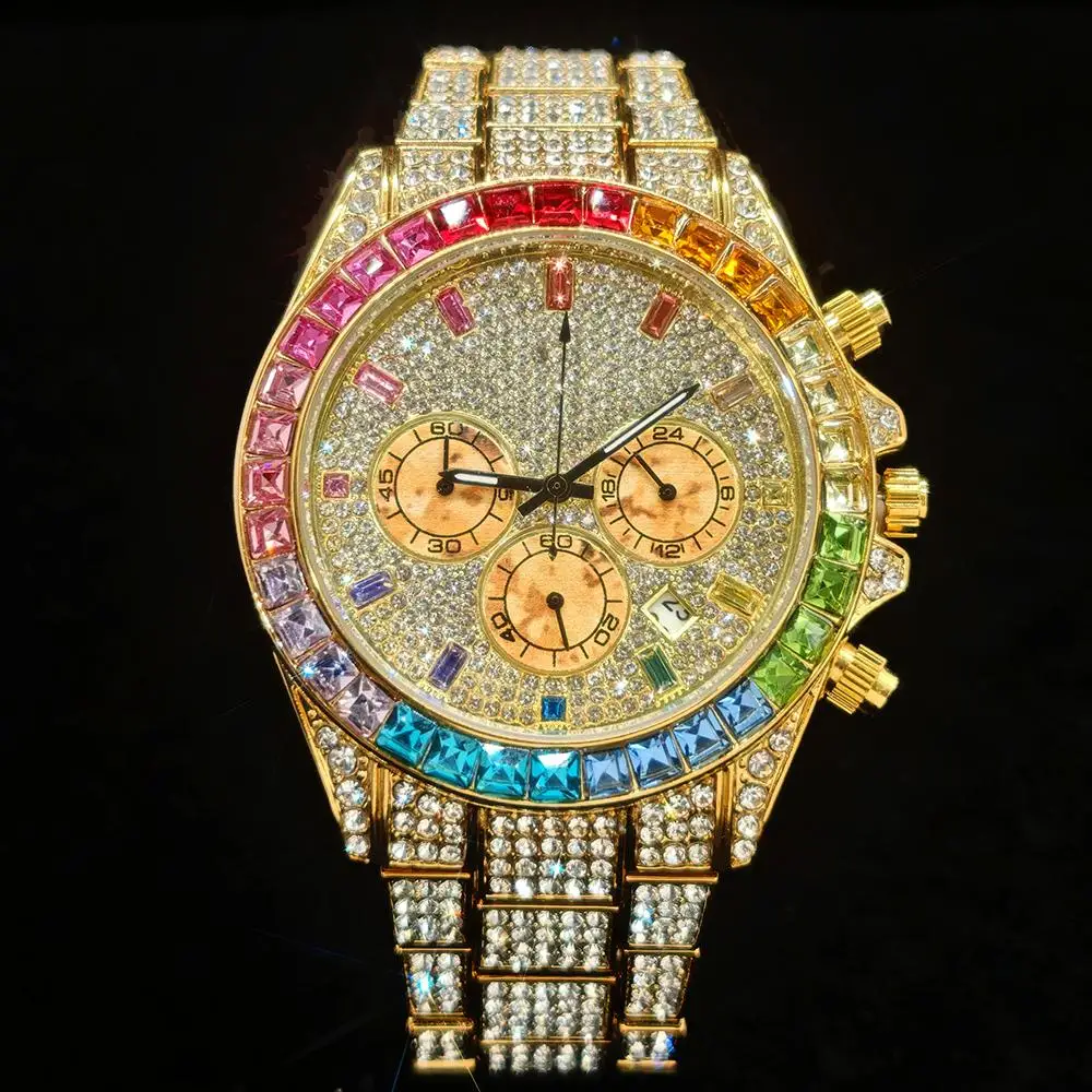 2025 Top Luxury Watch For Men Fashion Ice Diamond Hip Hop Rainbow Diamond Multifunction Man Quartz Wristwatch Gift Dropshipping