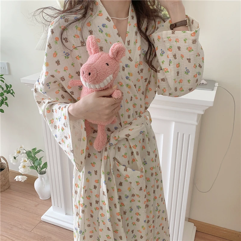 Fashion Robe De Chambre Pour Femme Spring Autumn Plaid Bathrobe Long Sleeve Kimono Homewear Girls Pijamas Bath Robe for Women