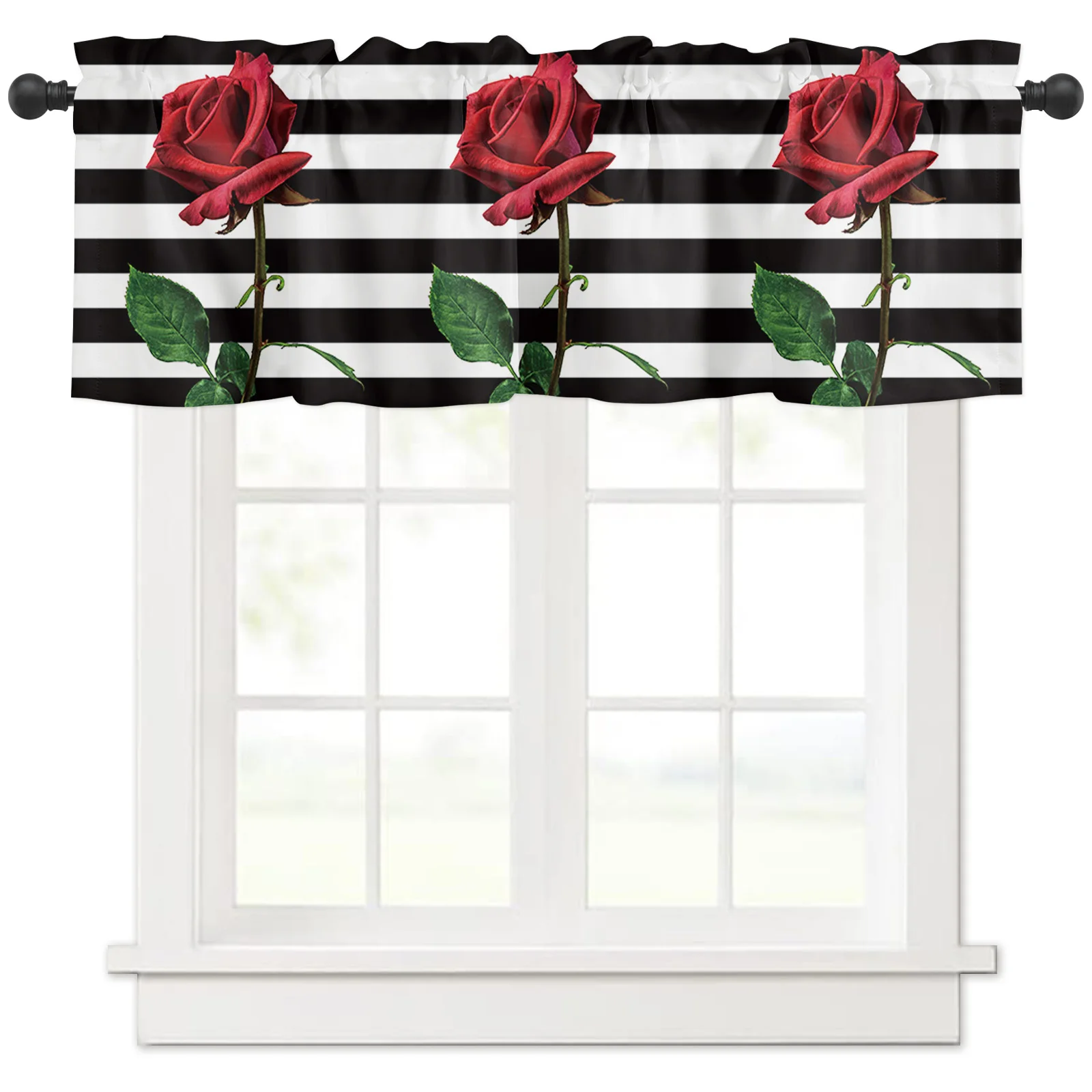 

ZEDLIYU Valances for Windows Kitchen Living Room Small Window Valance Rose Flower Black and White Stripes 1 Panel, 54 x 18 Inch