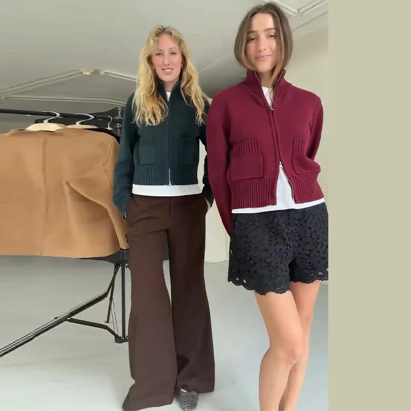Damenmäntel mit Stehkragen, Doppelreißverschluss, kurzer Strickcardigan, Herbst, Damen, lange Ärmel, Taschen, einfarbig, schlanke Strickwaren, neue Oberteile – Detail 23
