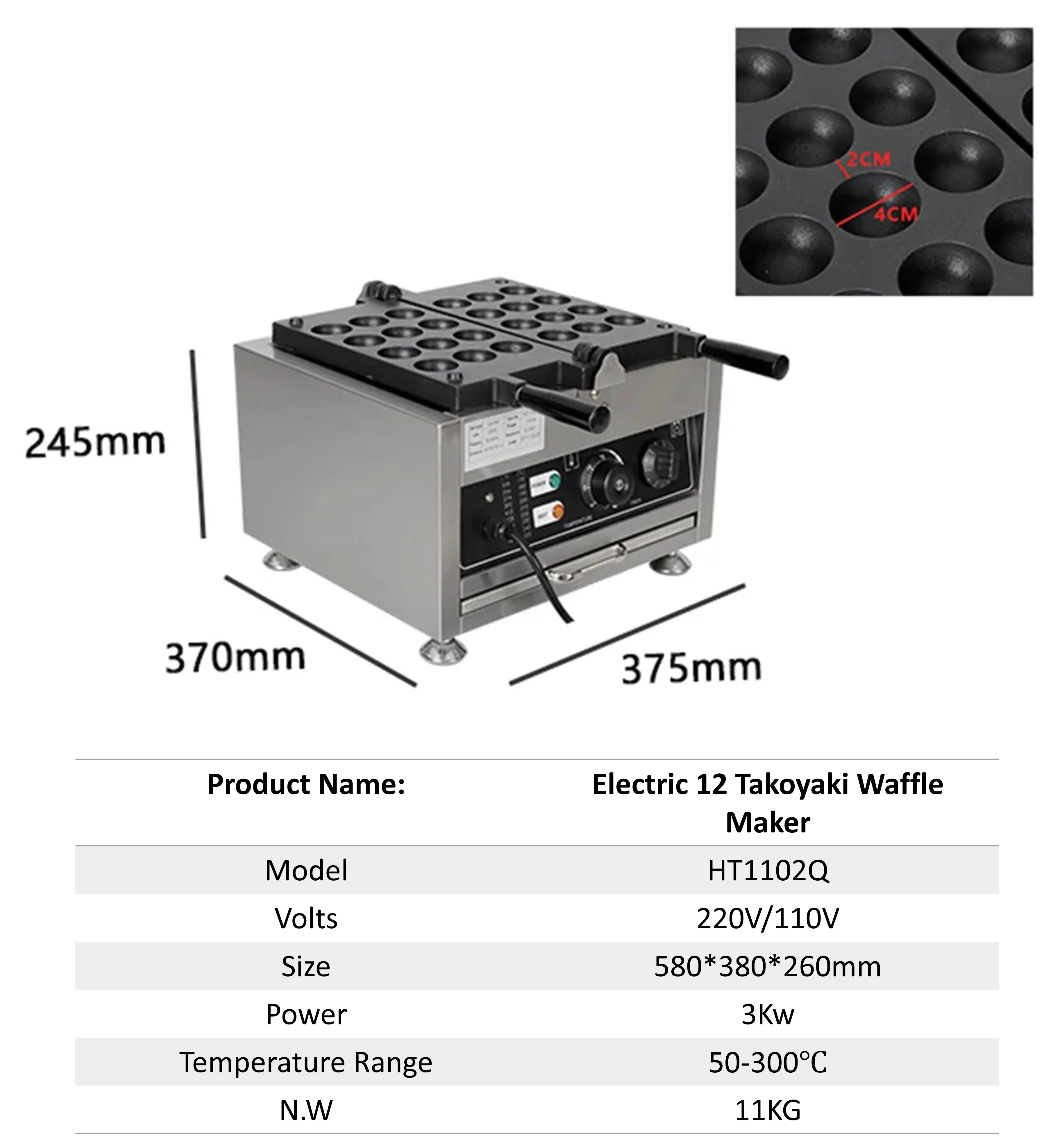 Commercial 12pcs Takoyaki Waffle Maker Machine Electric Japanese Octopus Fish Ball Machine 1.5kW Heating Takoyaki Grill Maker