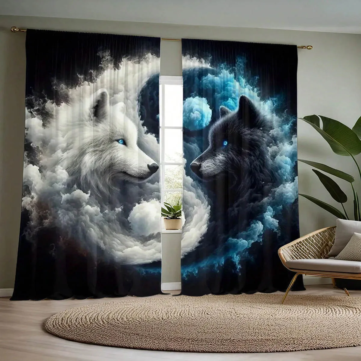 2 Pieces, Tai Chi Animal Wolf Print Curtains, 100% Polyester, Suitable For Kitchen, Bedroom, And Living Room Decoration.