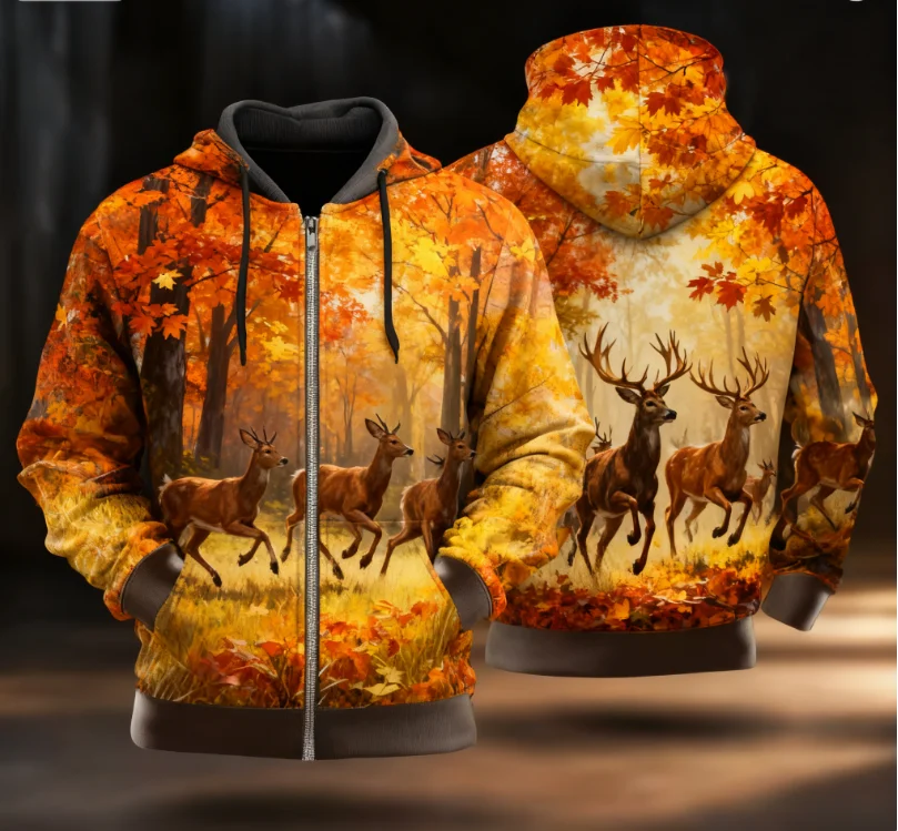 Esporte camo veado jaqueta moletom moda diária com capuz férias caça marrom verde cordão zíper outono inverno hoodie