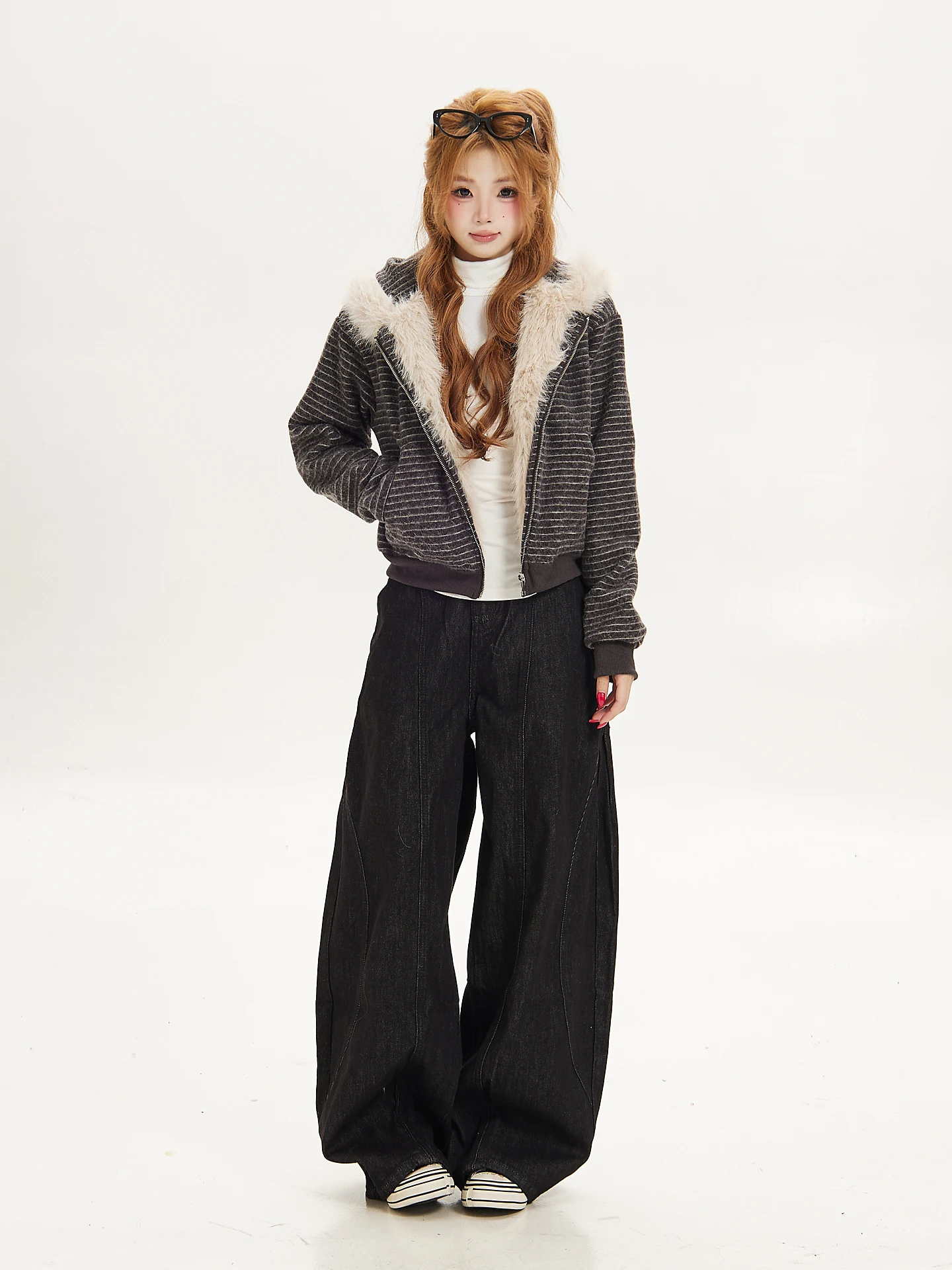 Ant American Retro Striped Fur Collar  Ear Hoodie Cardigan Women's Autumn Winter Warm Fleece Short Coat Loose Fit Long Sleeve