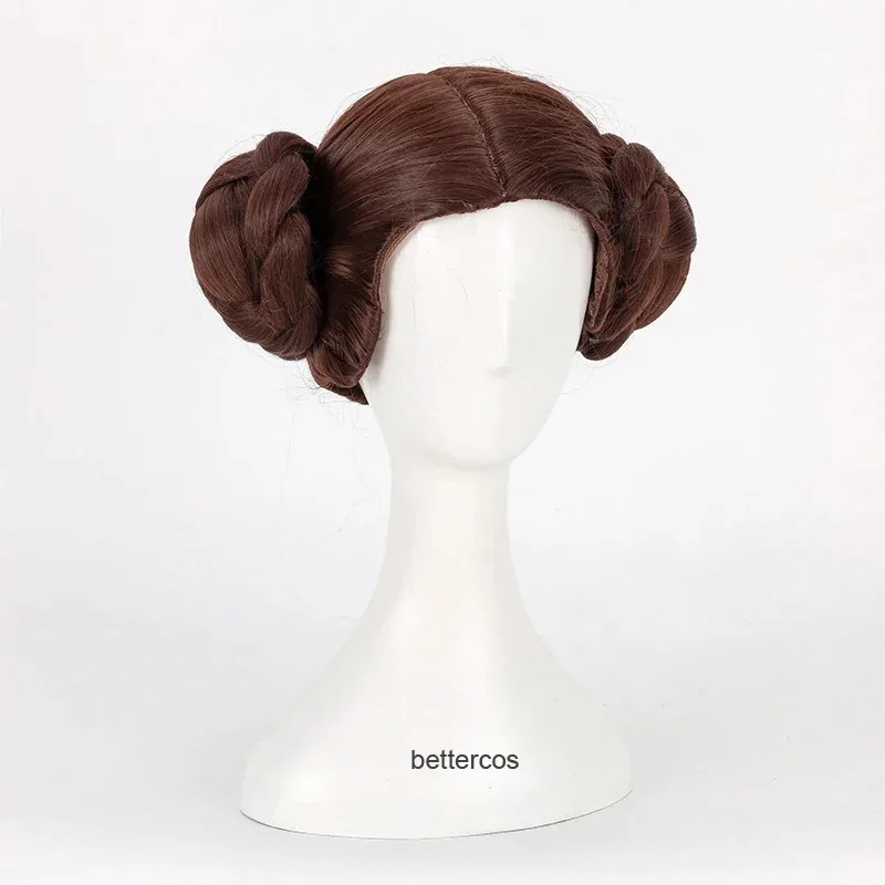 Parrucca cosplay principessa Leia Organa Solo Parrucca corta marrone resistente al calore per capelli sintetici