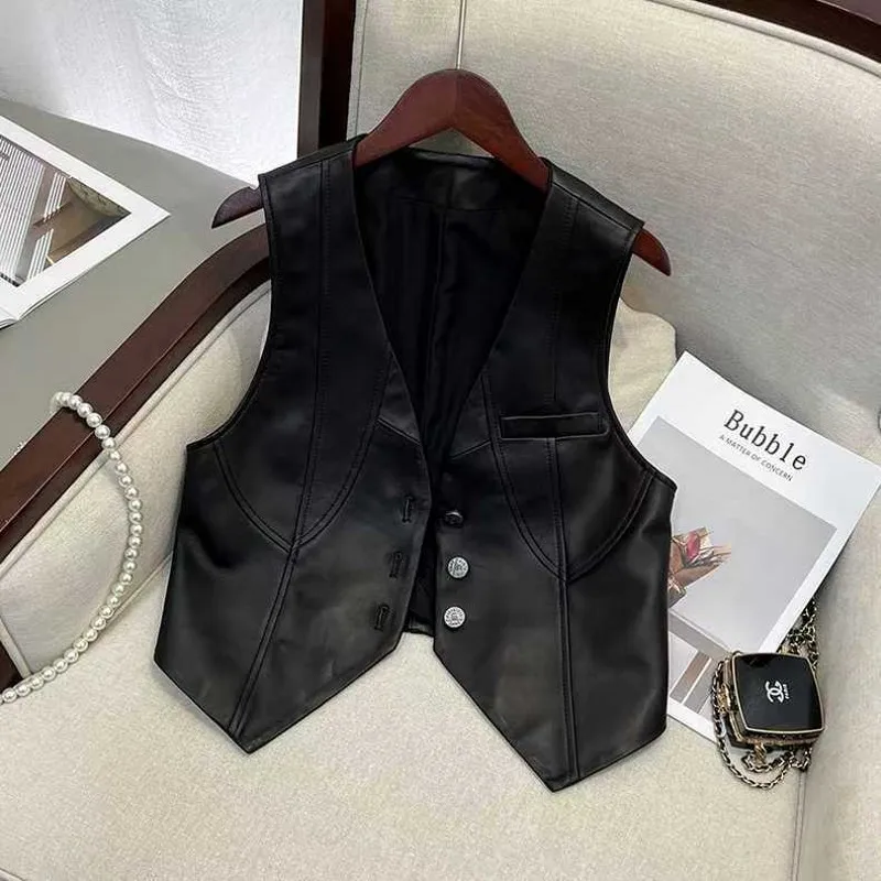 2025 New Spring Women's Casual V-neck Button Imitation Leather Fine Cut Black Vest Female Waistcoat Sleeveless Jacket