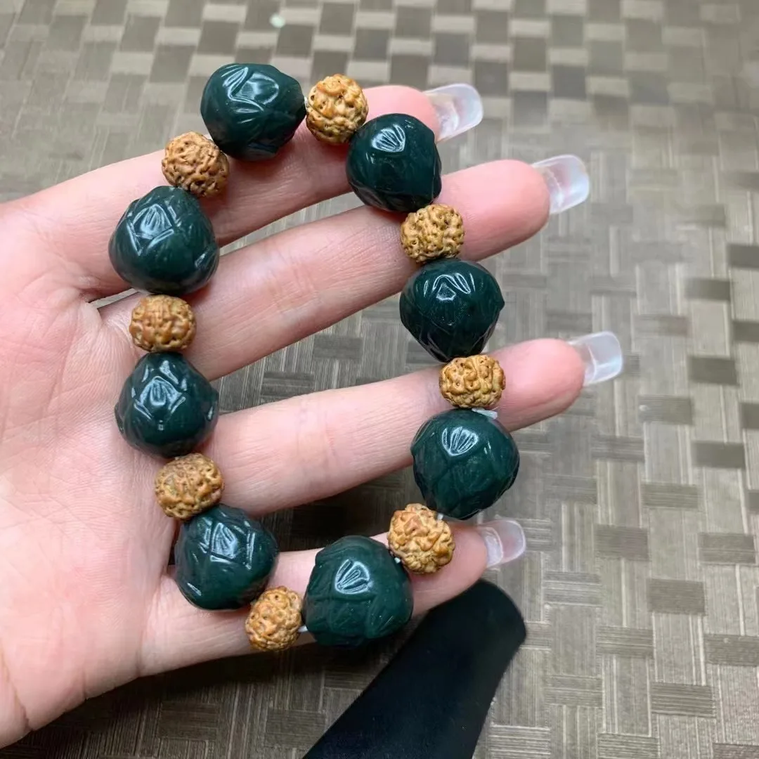 

Natural 100%real green hetian Jade round beads carved Lotus flower beads bracelets for couples woman men Gift with jade bracelet