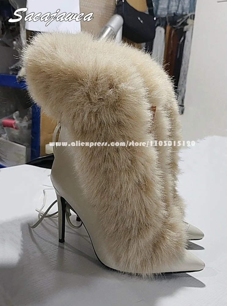 

Solid Fur Back Drawstring Plush High Heel Boots Size 35-42 Pointed Toe Sexy Lady Modren Boots Slip On Grace Party Boots