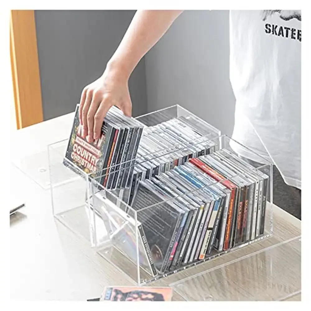 Caja de almacenamiento acrílica para CD y DVD, organizador de álbumes, estante de disco para el hogar, soporte de estante de medios, caja de clasificación, estante de unidad de acabado apilable