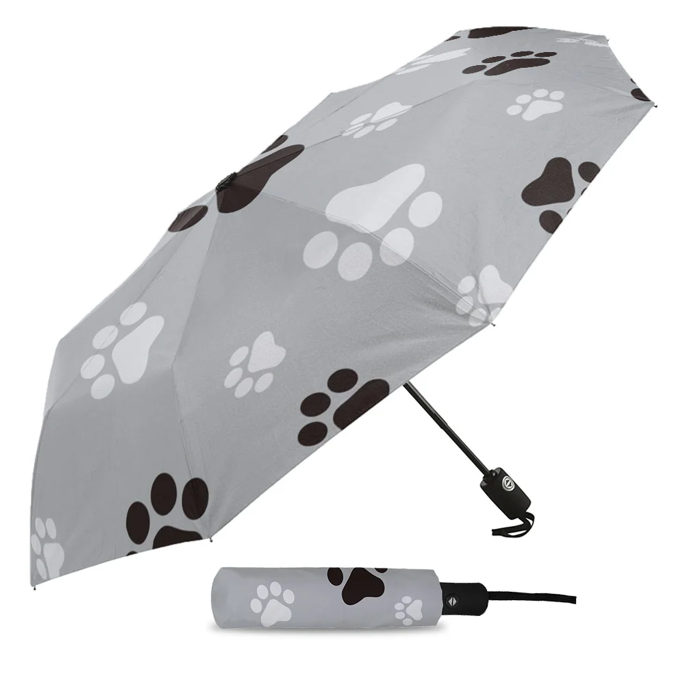 Dog Paw Black Gray Fully-automatic Parasol Umbrella Eight Strand Umbrella Foldable Rain Outdoor Umbrella for Kid Woman Male