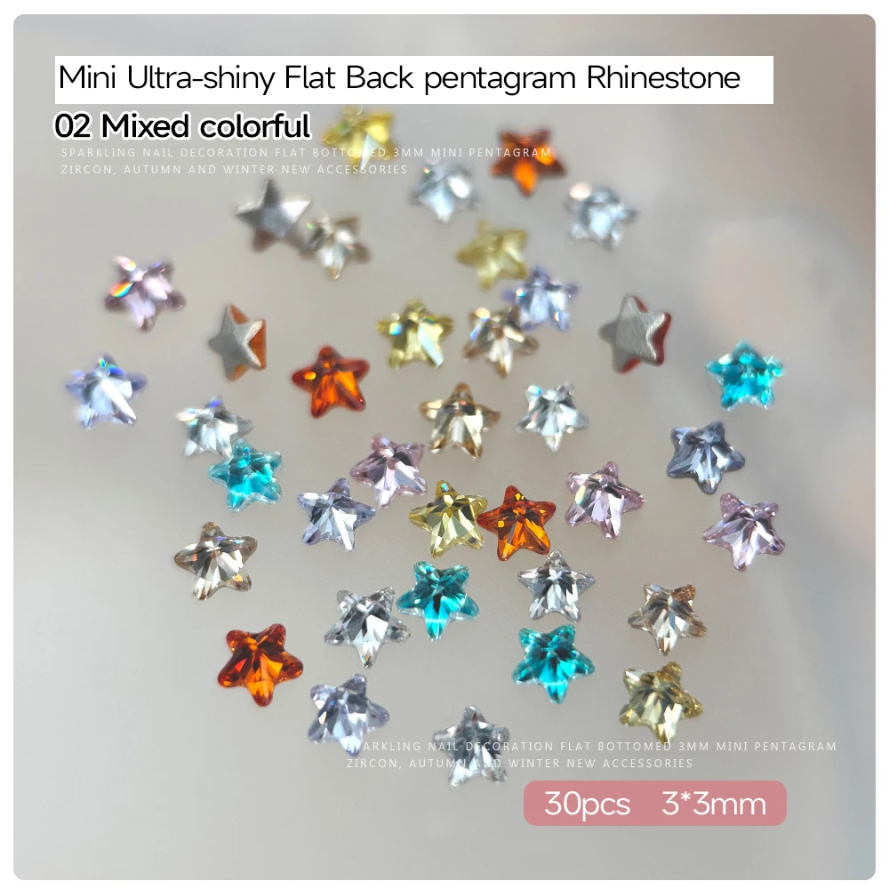 30 Stück 3 mm Mini fünfzackiger Stern Zirkon Nail Art Charms 3D funkelnde gemischte flache Rückseite Pentagramm Nagel Strass DIY Winter Dekor – Detail 9