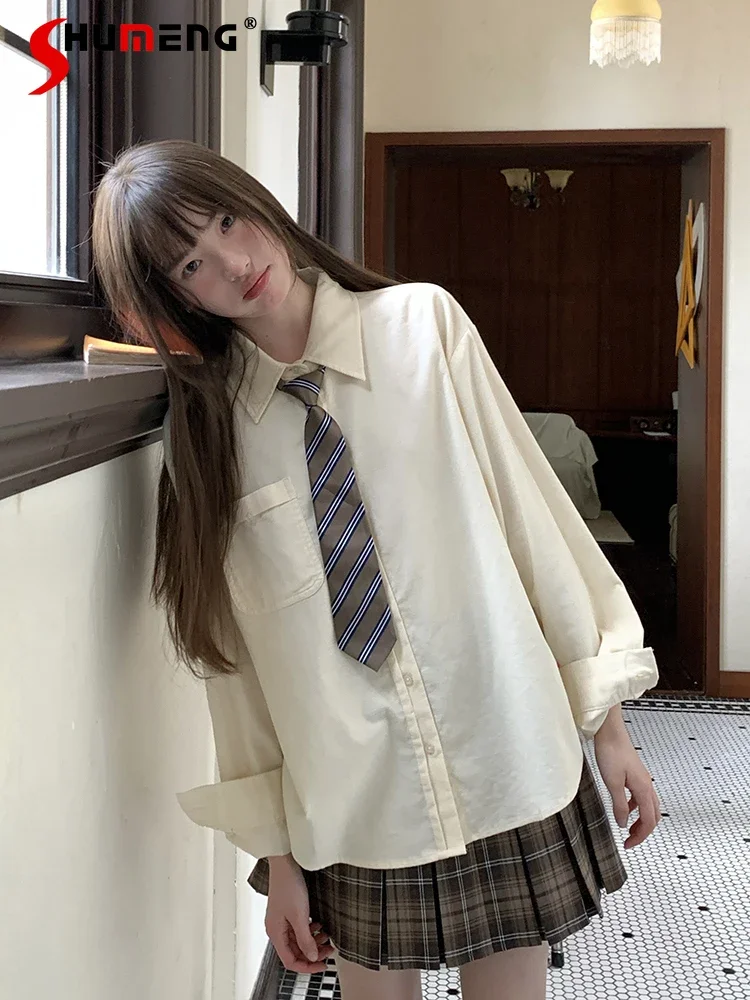 

Japanese Sweet preppy Style JK Uniform Shirt Polo Collar Long Sleeve Single-breasted Loose Casual Inner Blouse Top Women Summer