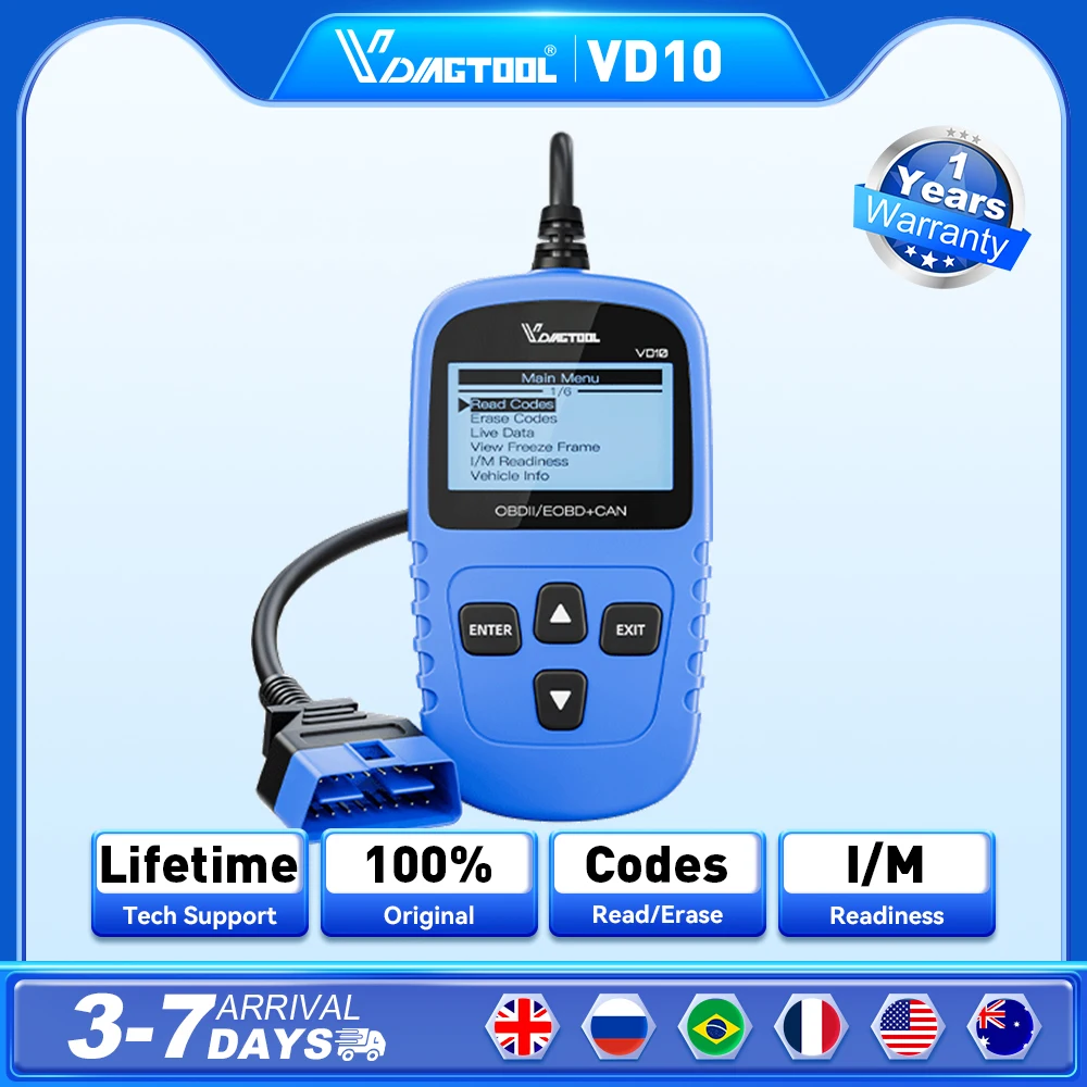 

VDIAGTOOL VD10 OBD2 Scanner Diagnostic Tool Automotive Scanner With I/M Readiness Code Reader Check Engine Lifetime Free Update