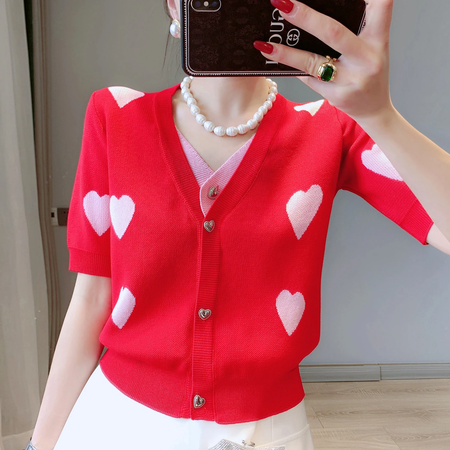 

Fake 2 Piece Short Sleeve Cardogan Crop Tops Women 2022 Spring Summer Cardigan Sweet Pink Love Heart Red Knit Cardigan Shirt