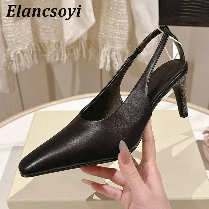 Thin High Heel Sandals Summer Real Leather String Bead Sandalias Square Toe Back Strap Single Shoes Versatile Commute Shoes