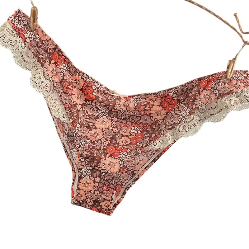 和菓子パンティー女性甘い韓国純粋な欲望シルキー綿股花通気性レースの弓ブリーフ滑らかでソフト