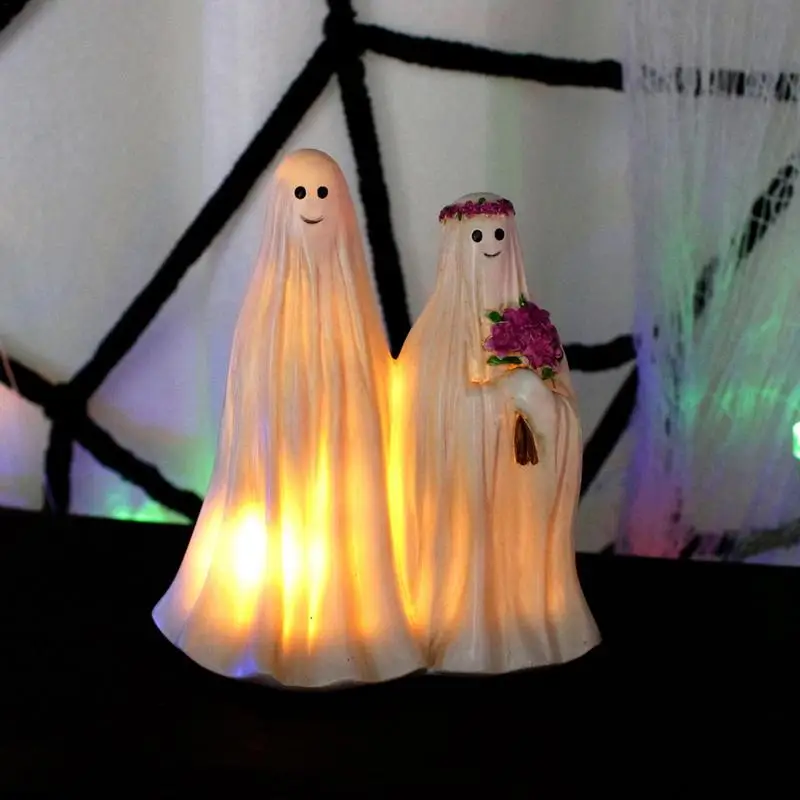 Ghost Bride And Groom Figurines Spooky Bride And Groom Wedding Couple Statue Ghost Couple Bride Groom Model With LED Light For