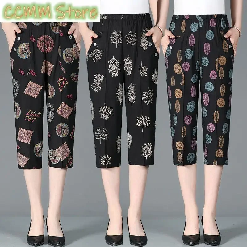 

Summer New High Waist Capri Pants Elastic Casual Loose Straight Female Clothing Fashion Pockets Patchwork Vintage Printed Pants