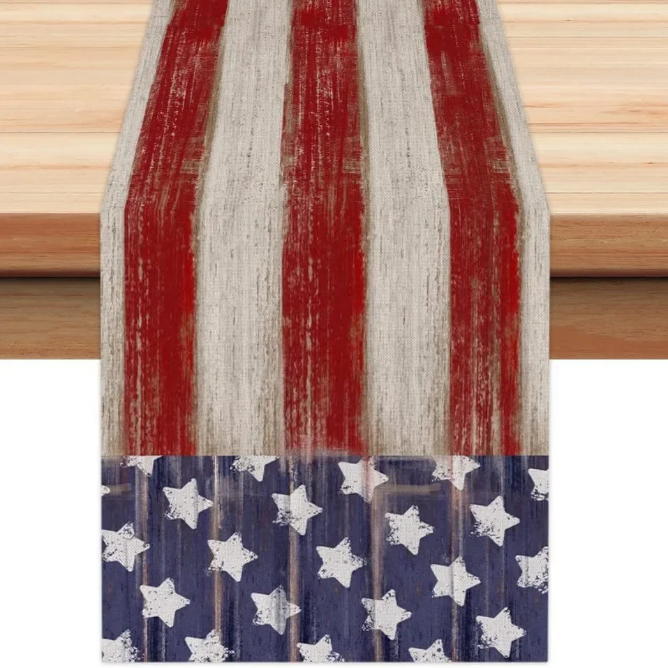 American Flag Runner Patriotic Stars Stripes Linen Tablecloth Independence Day 4th of July Kitchen Dining Table Decor Scarf