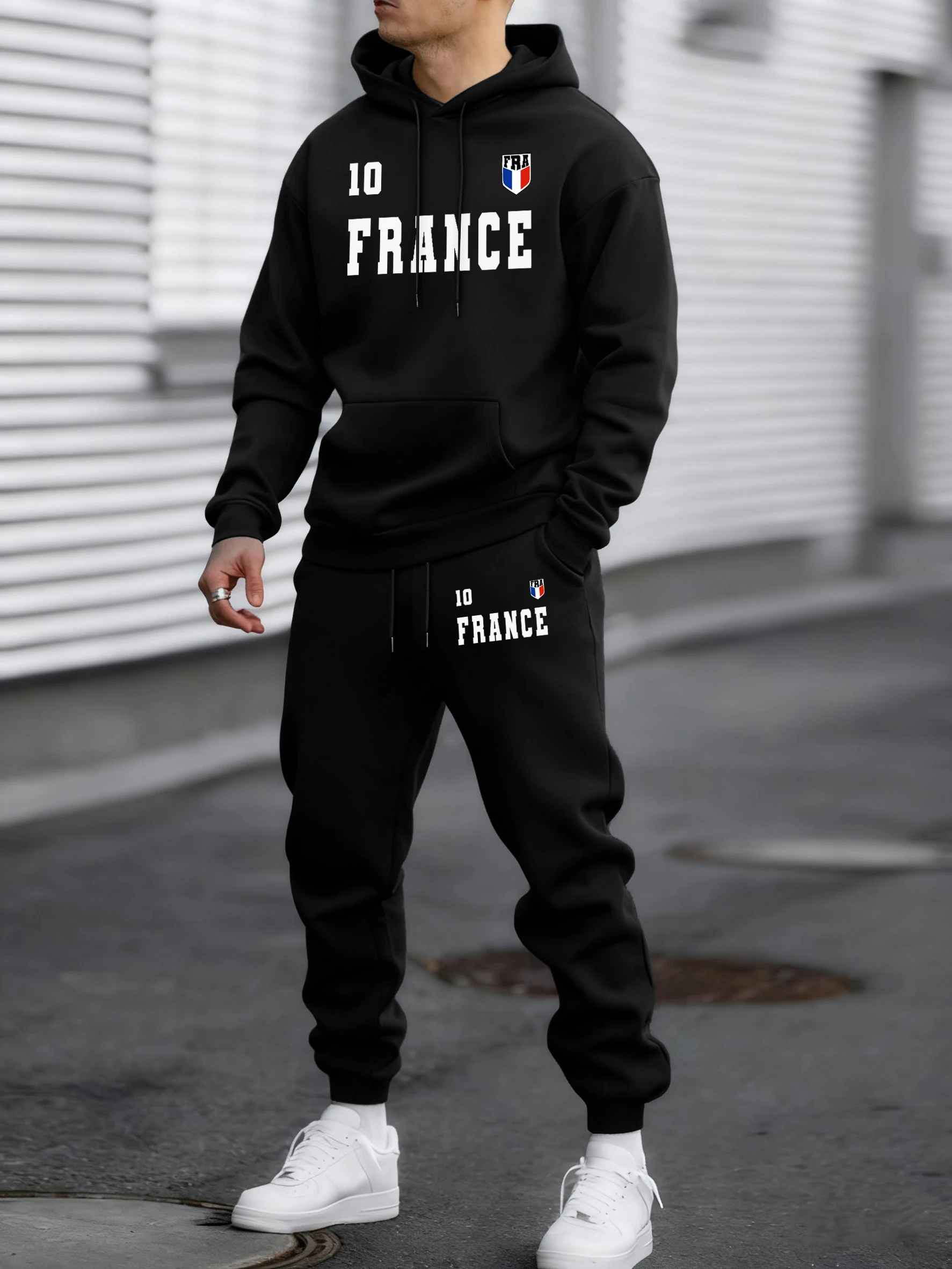 

France Flag Prints Basics Comfy Pocket Hoodies 2 Piece Set Of Men Warm Drawstring Jogging Britches Simple Casual Pullovers