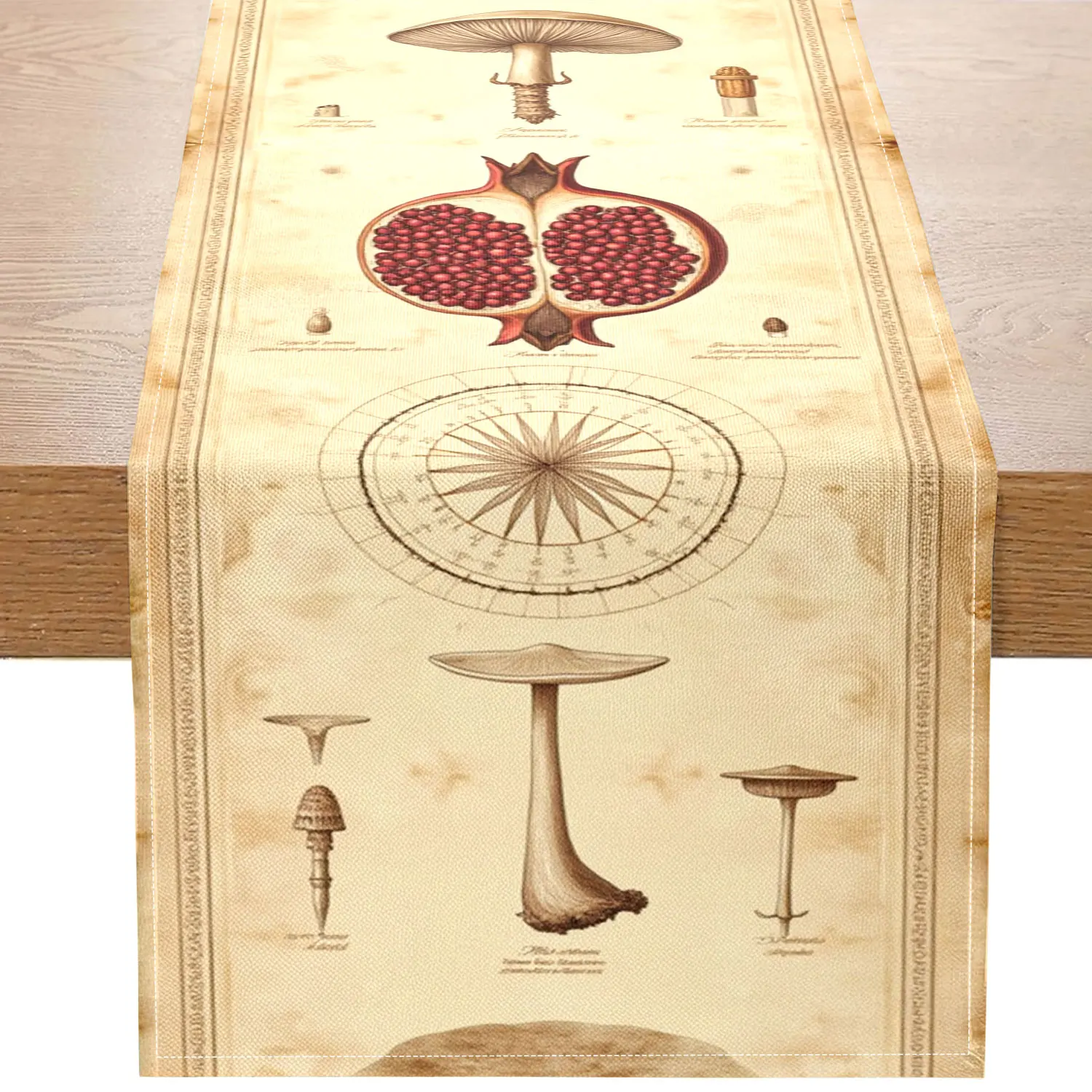 

Цельная дорожка для стола с винтажной ботанической иллюстрацией, с узорами растений, такие как компасы, гранаты и грибы, подходит для учебных и художественного декора