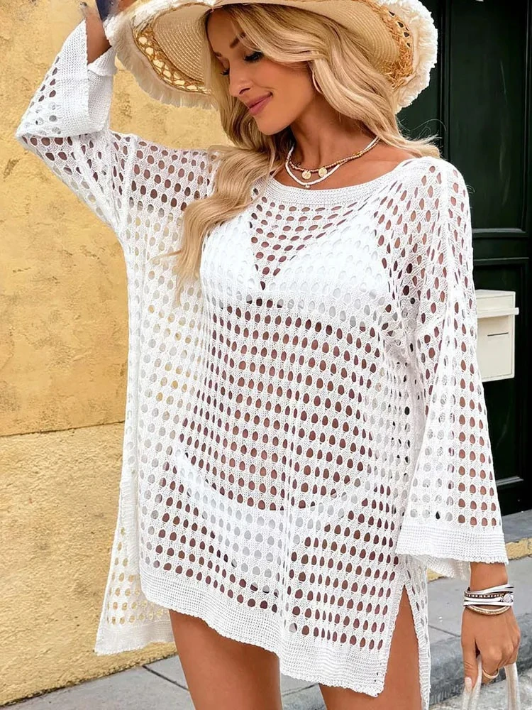Sexy Frauen Solide O Neck Cove Up Langarm Hohl Dame Strand Kleid Weibliche Lose Brasilianische Badeanzug Abdeckung-Ups