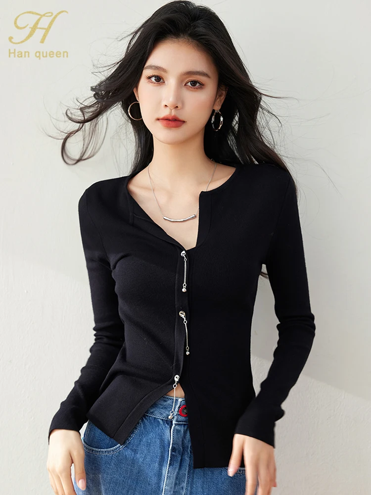 H Han Queen Simple Autumn Tee Elegant Long Sleeve T-Shirt Womens Korean Loose Casual Vintage OL Office Work Tops Female Clothing