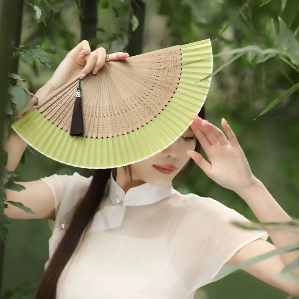 

Decorative Fan Carved Handle Bamboo Folding Fan Handhold Vintage Chinese Fan with Tassel Dance Fan Ladies
