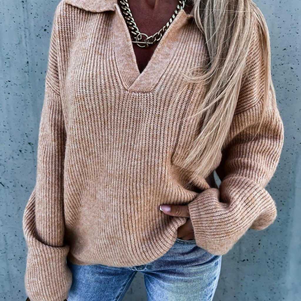 

Winter Women's V-neck Casual Sweater Mixed Color Long Sleeve with Pockets Loose Fit European And American Style