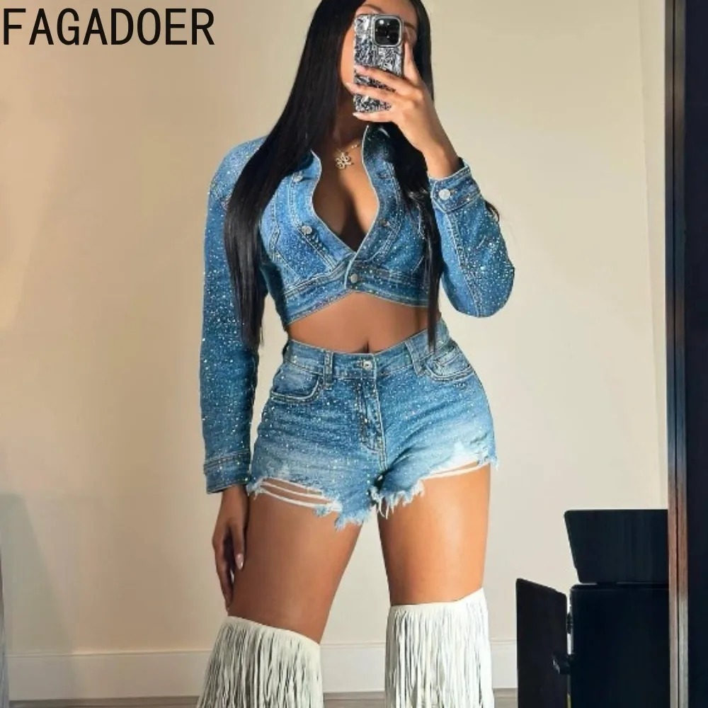 FAGADOER Retro Fashion Y2K Rhinestone Denim Two Piece Sets Women Turndown Collar Long Sleeve Crop Top And Shorts Outfits 2024