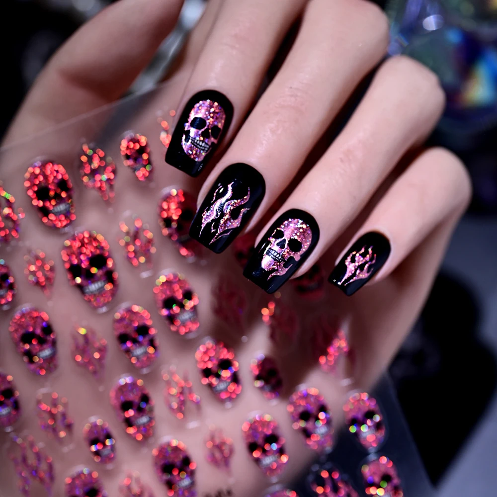 1 Stück Halloween Glitzer Laser Totenkopf Flammen-Nagelaufkleber 5D Holographisches Skelett Feuer Gothic Nagelsticker Y2k Gruselige Nageldekoration – Detail 1